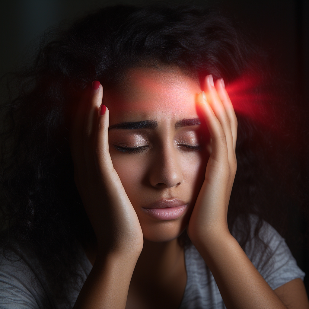 A person showing a headache and eye strain under a fluorescent light