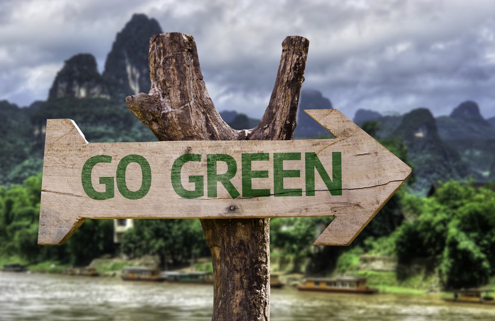 Go Green wooden sign with a forest background