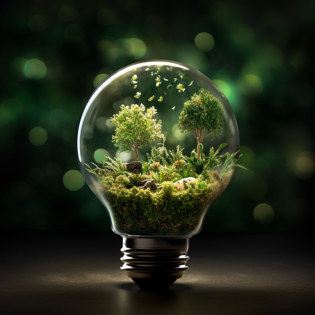 LED lightbulb with green foliage inside depicting sustainability