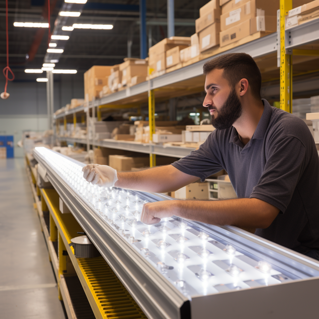 Man wearing a glove inspecting LEDs on a counter