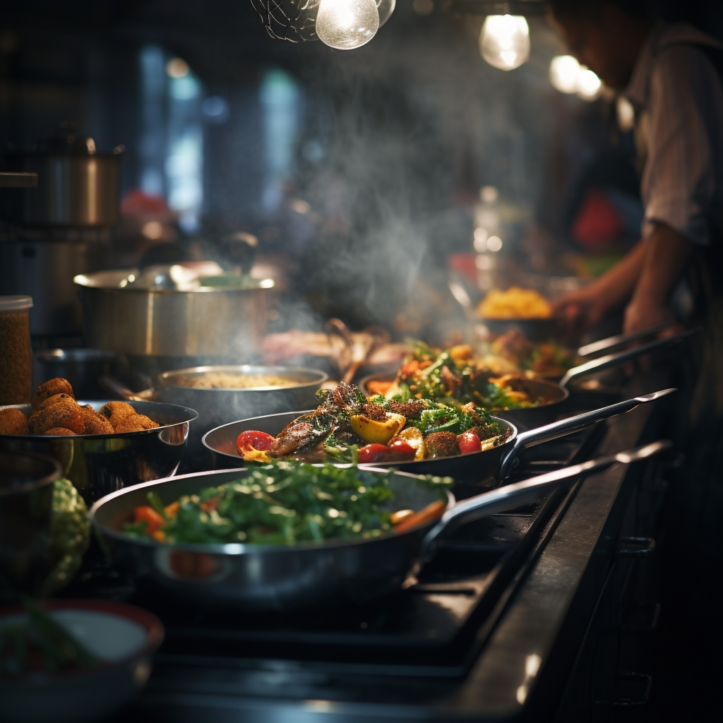 Vegan food in frying pans in a restaurant kitchen