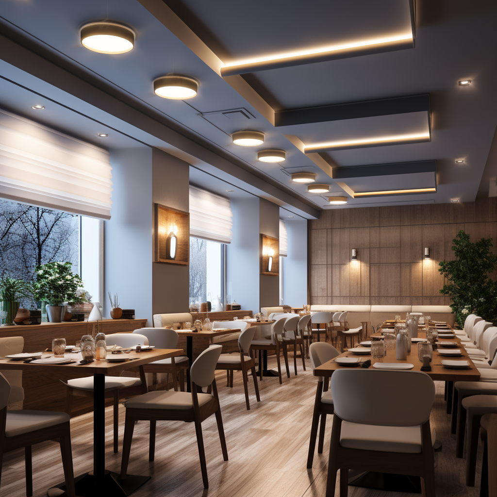 White LED recessed lights in a small modern restaurant