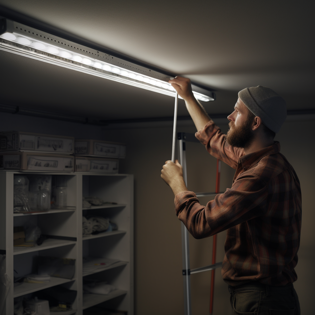 man replacing fluorescent lighting with a tool