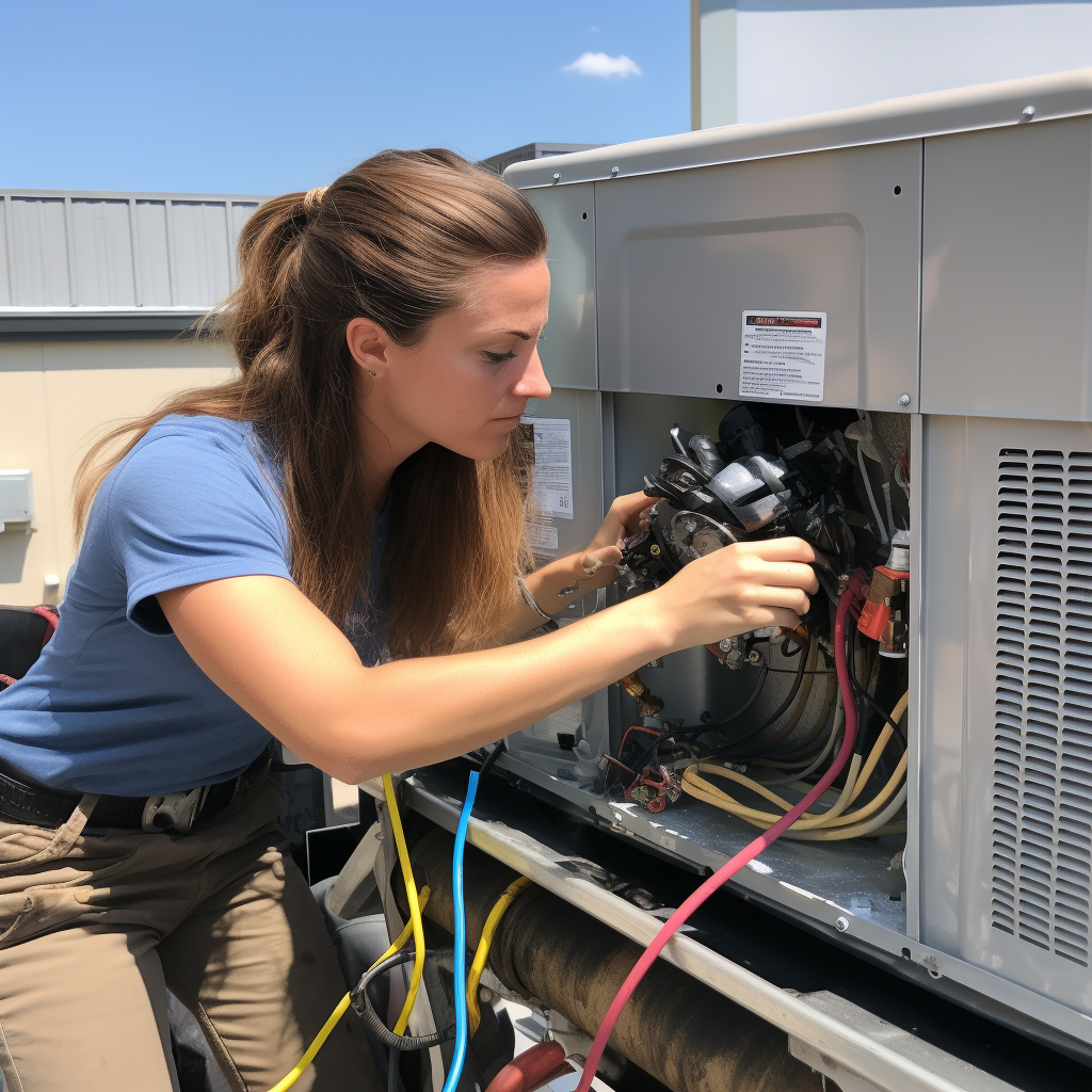 female contractor inspecting an HVAC system on a roof
