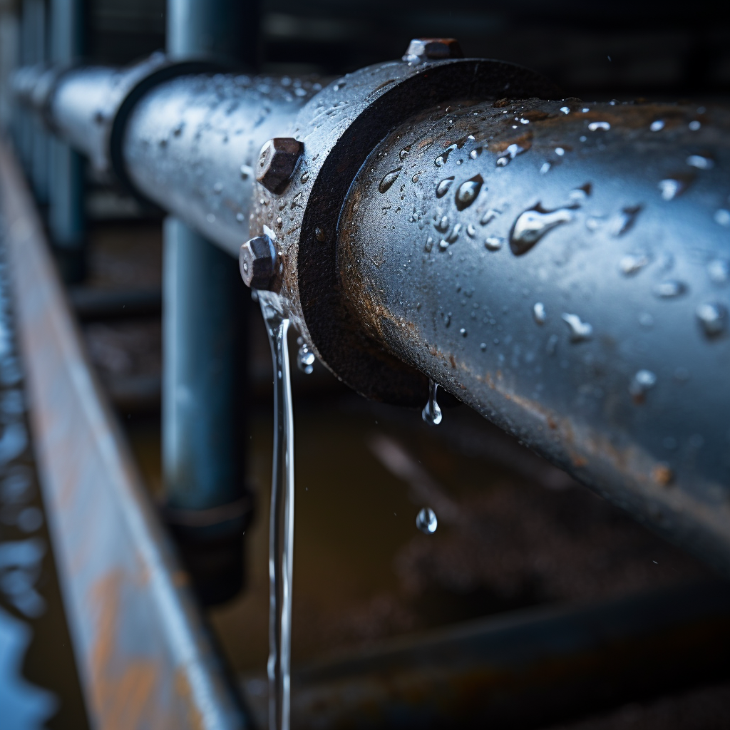 pipe in a factory with water leaking from the connection