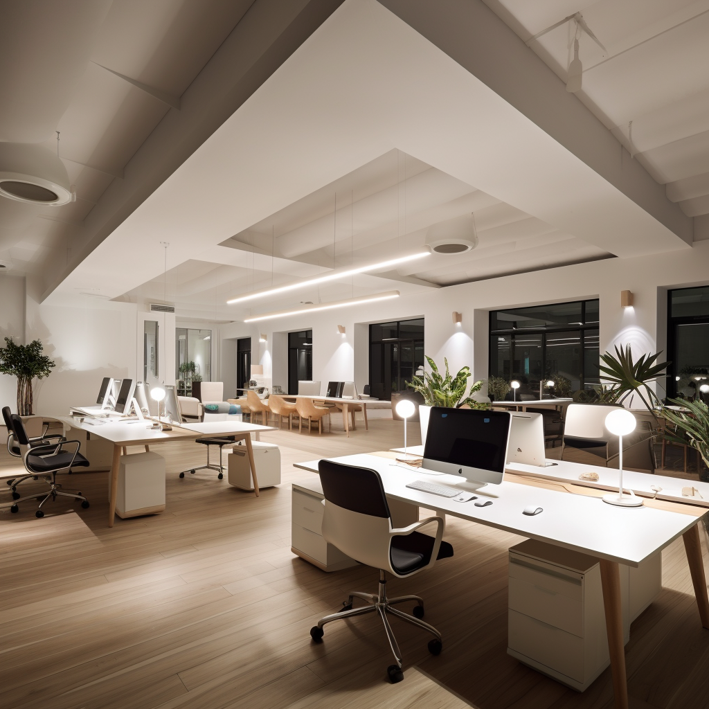 spacious office with white desks and LED lighting