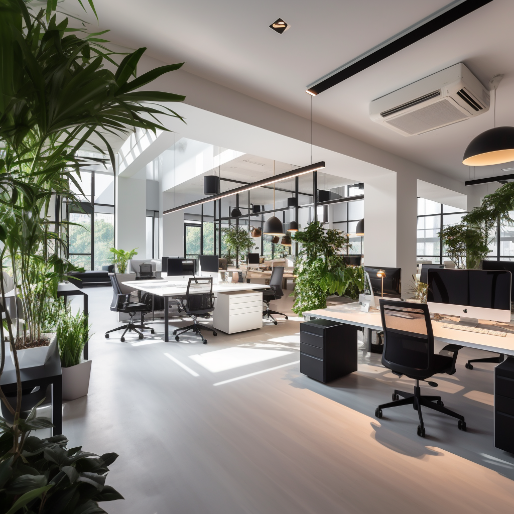 spacious and relaxed office environment with lots of foliage and bright LED lighting